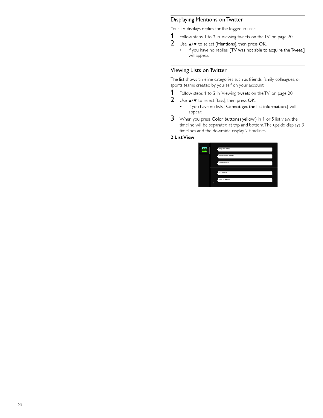 Philips 40PFL4706, 46PFL4706 Guide to Twitter menu screen, Displaying Mentions on Twitter, Viewing Lists on Twitter 