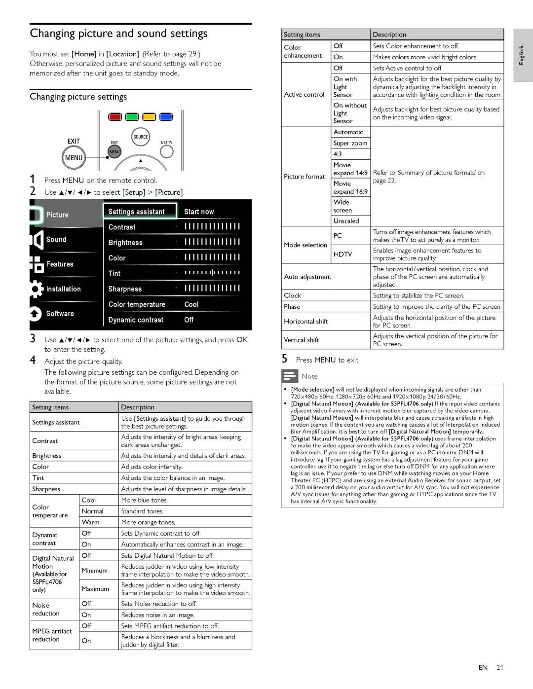 Philips 46PFL4706, 40PFL4706, 55PFL4706 user manual Changing picture and sound settings, Changing picture settings 