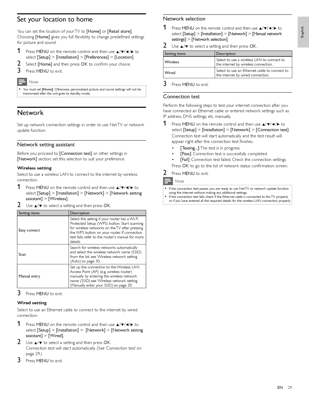 Philips 40PFL4706, 46PFL4706 Set your location to home, Network setting assistant, Network selection, Connection test 