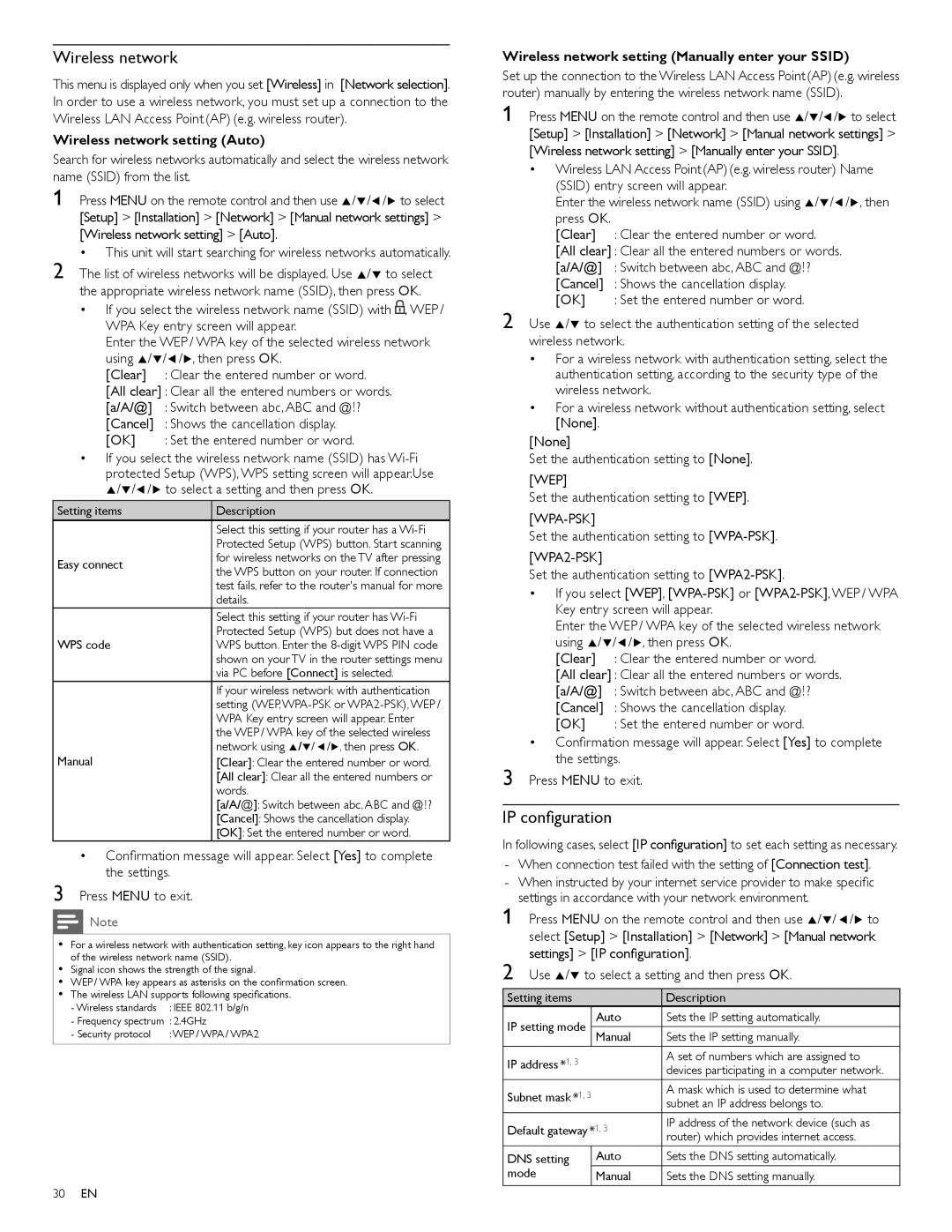 Philips 46PFL4706, 40PFL4706, 55PFL4706 user manual Wireless network, IP conﬁguration, Wep, Wpa-Psk, WPA2-PSK 