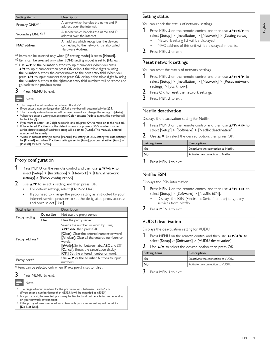 Philips 55PFL4706, 40PFL4706 Proxy conﬁguration, Setting status, Reset network settings, Netﬂix deactivation, Netﬂix ESN 