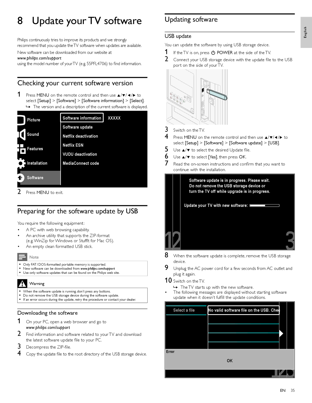 Philips 40PFL4706 Updating software, Preparing for the software update by USB, USB update, Downloading the software 