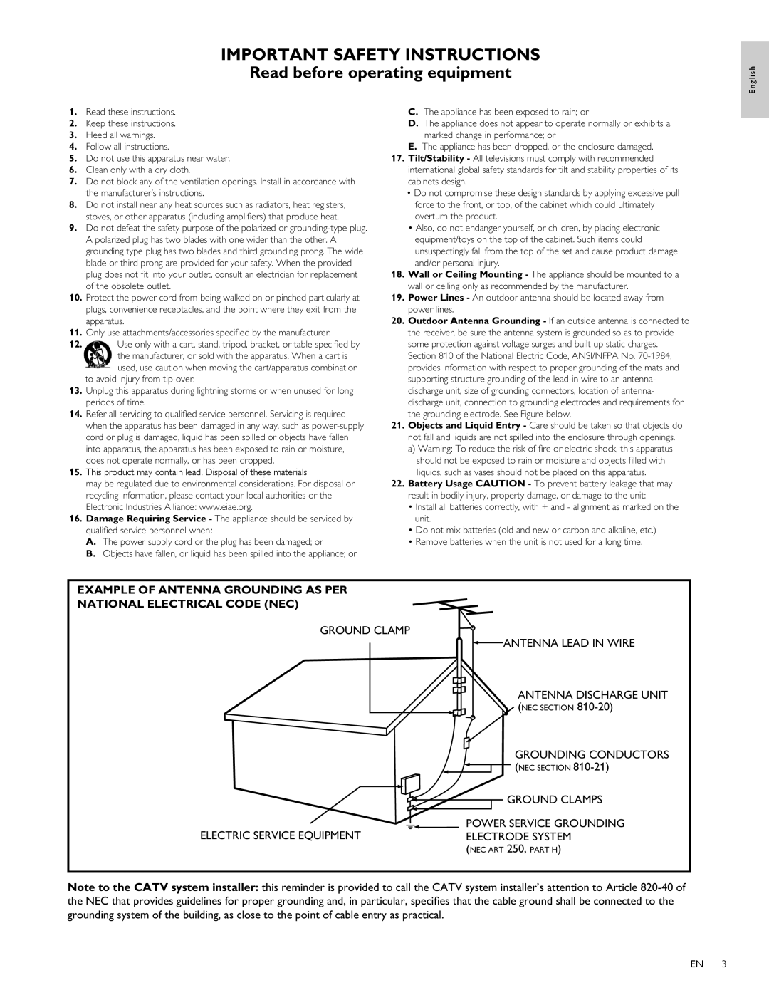 Philips 46PFL4706, 40PFL4706 Grounding Conductors, Ground Clamps Power Service Grounding Electrode System, NEC Section 