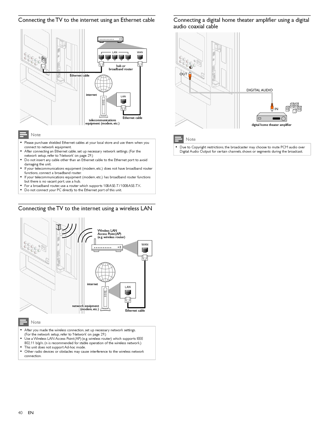 Philips 55PFL4706, 40PFL4706, 46PFL4706 Connecting the TV to the internet using an Ethernet cable, Audio coaxial cable 