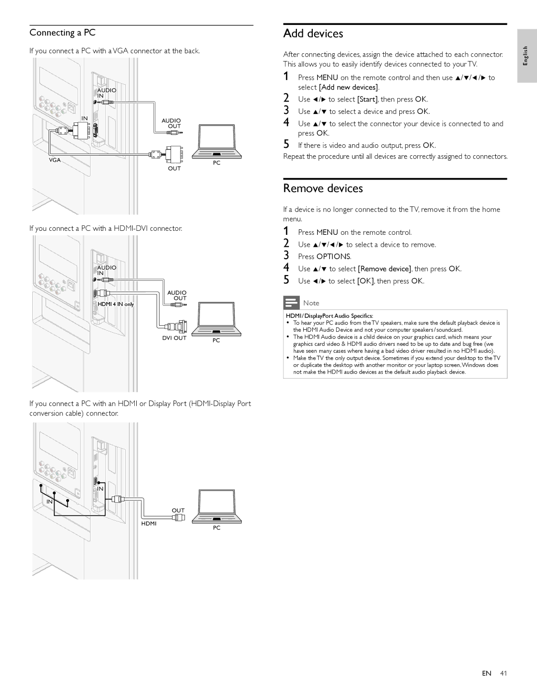 Philips 40PFL4706 Add devices, Remove devices, Connecting a PC, If you connect a PC with a VGA connector at the back 