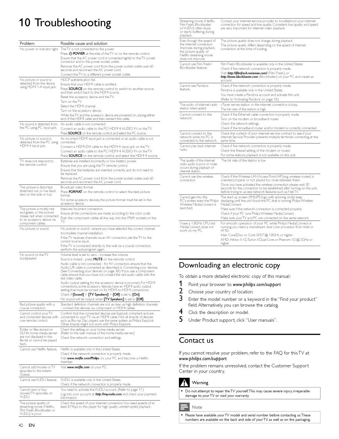 Philips 46PFL4706 Troubleshooting, Downloading an electronic copy, Contact us, Problem Possible cause and solution 