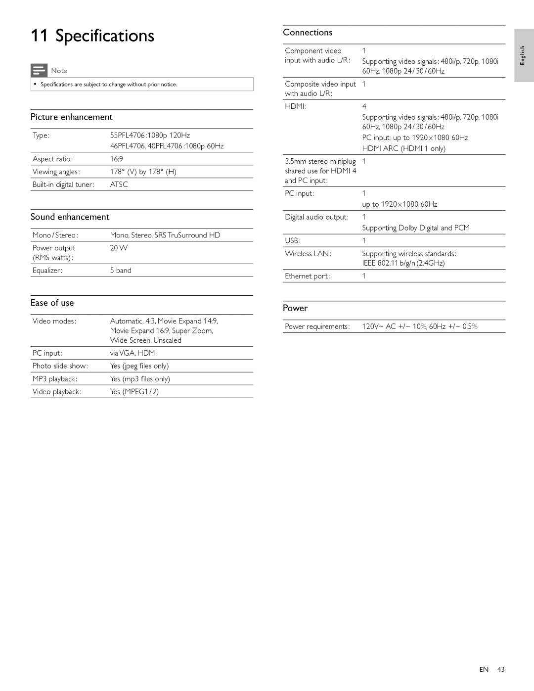 Philips 55PFL4706, 40PFL4706, 46PFL4706 user manual Specifications 