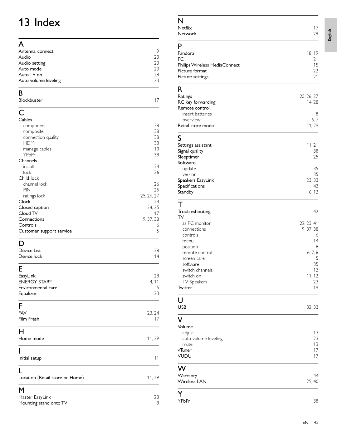 Philips 46PFL4706, 40PFL4706, 55PFL4706 user manual Index, Pin, Energy Star, Fav 