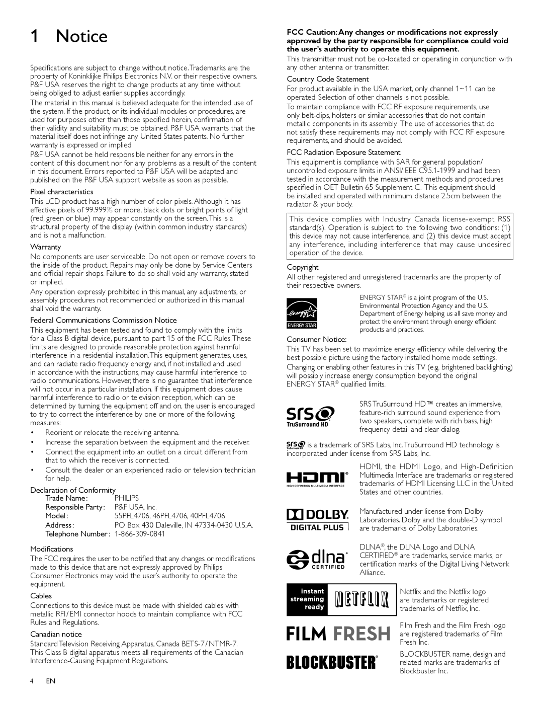 Philips 55PFL4706, 40PFL4706, 46PFL4706 user manual Philips 