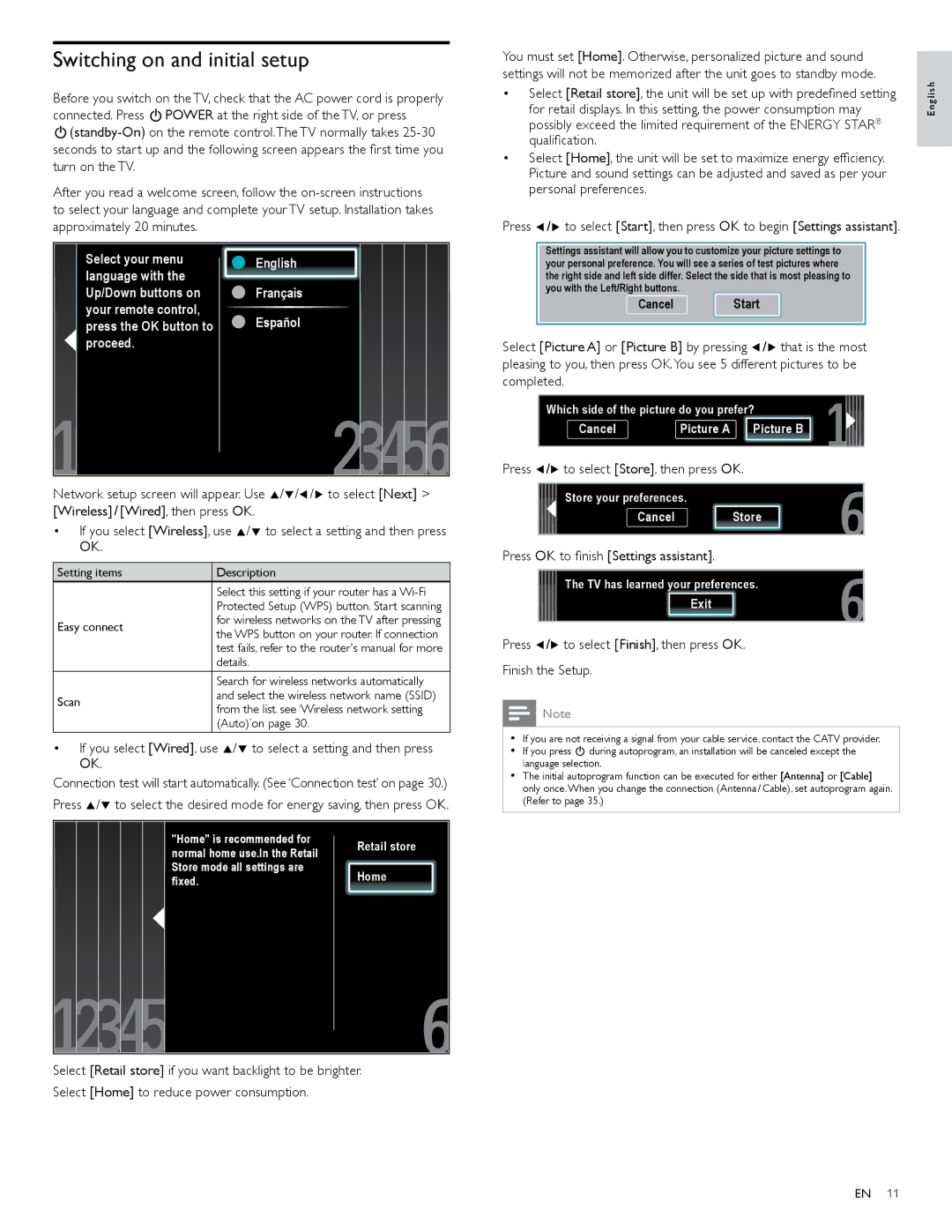 Philips 40PFL4706, 46PFL4706, 55PFL4706 user manual Switching on and initial setup, Press Í/Æ to select Store, then press OK 