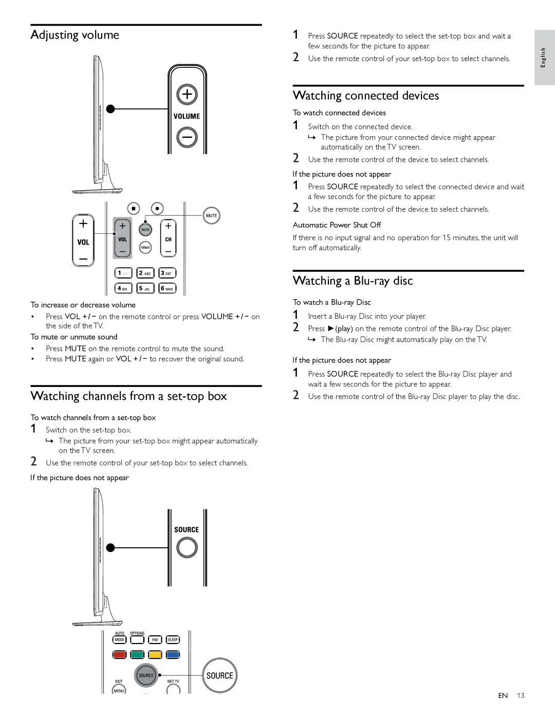 Philips 55PFL4706, 40PFL4706, 46PFL4706 Adjusting volume, Watching channels from a set-top box, Watching connected devices 