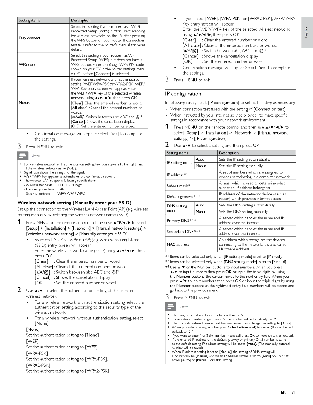 Philips 55PFL4706, 40PFL4706, 46PFL4706 IP conﬁguration, Press Menu on the remote control and then use Î/ï/ Í/Æ to, Wep 