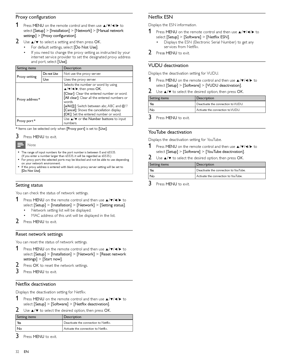 Philips 40PFL4706, 46PFL4706 Proxy conﬁguration, Setting status, Reset network settings, Netﬂix deactivation, Netﬂix ESN 