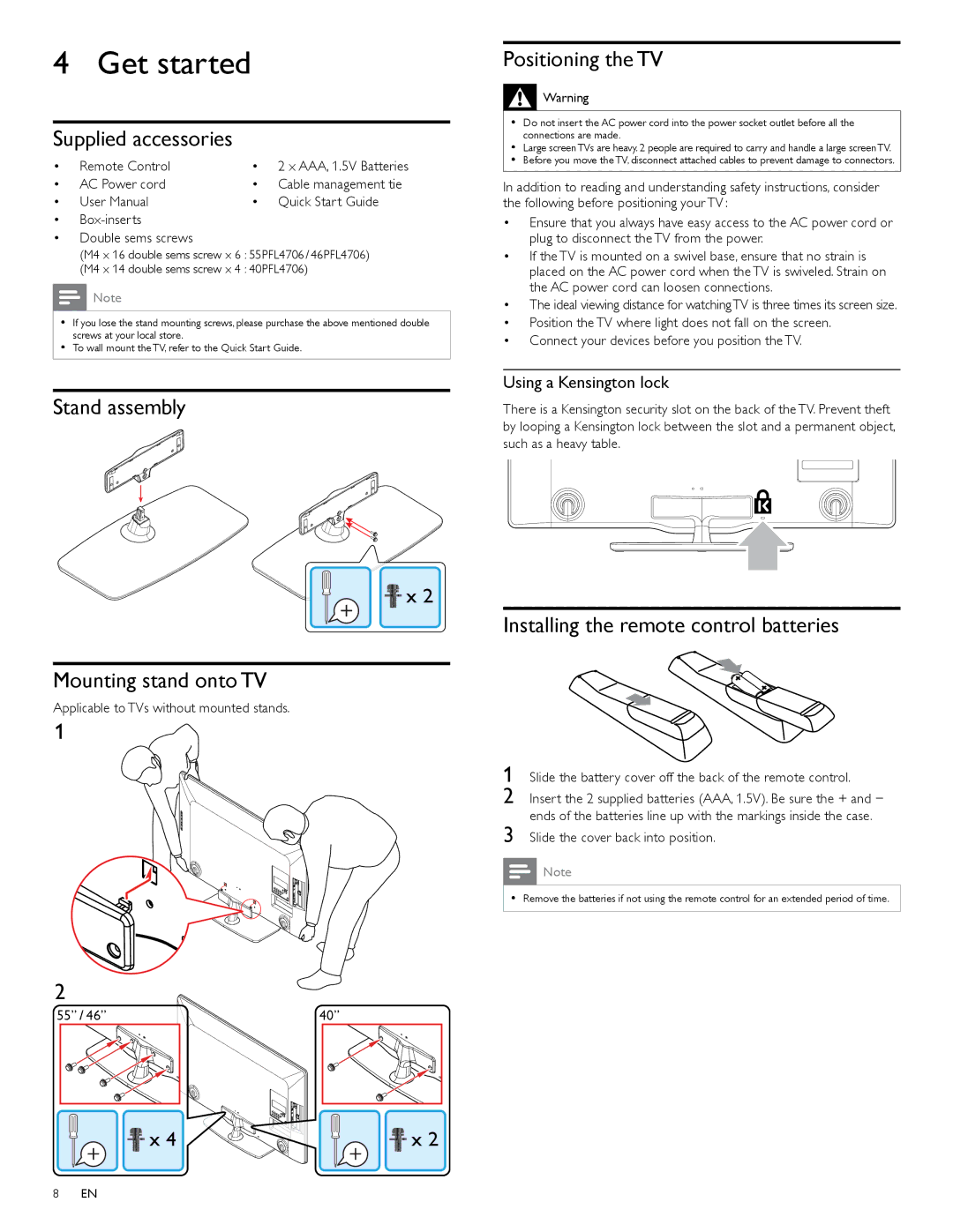 Philips 40PFL4706 Stand assembly Mounting stand onto TV, Positioning the TV, Installing the remote control batteries 