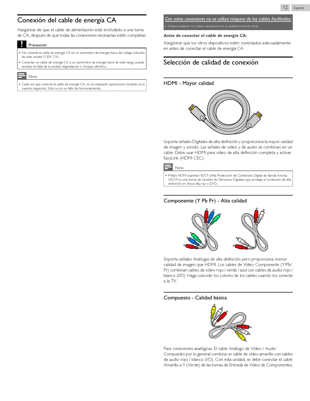 Philips 40PFL4709 user manual Conexión del cable de energía CA, Selección de calidad de conexión, Hdmi Mayor calidad 