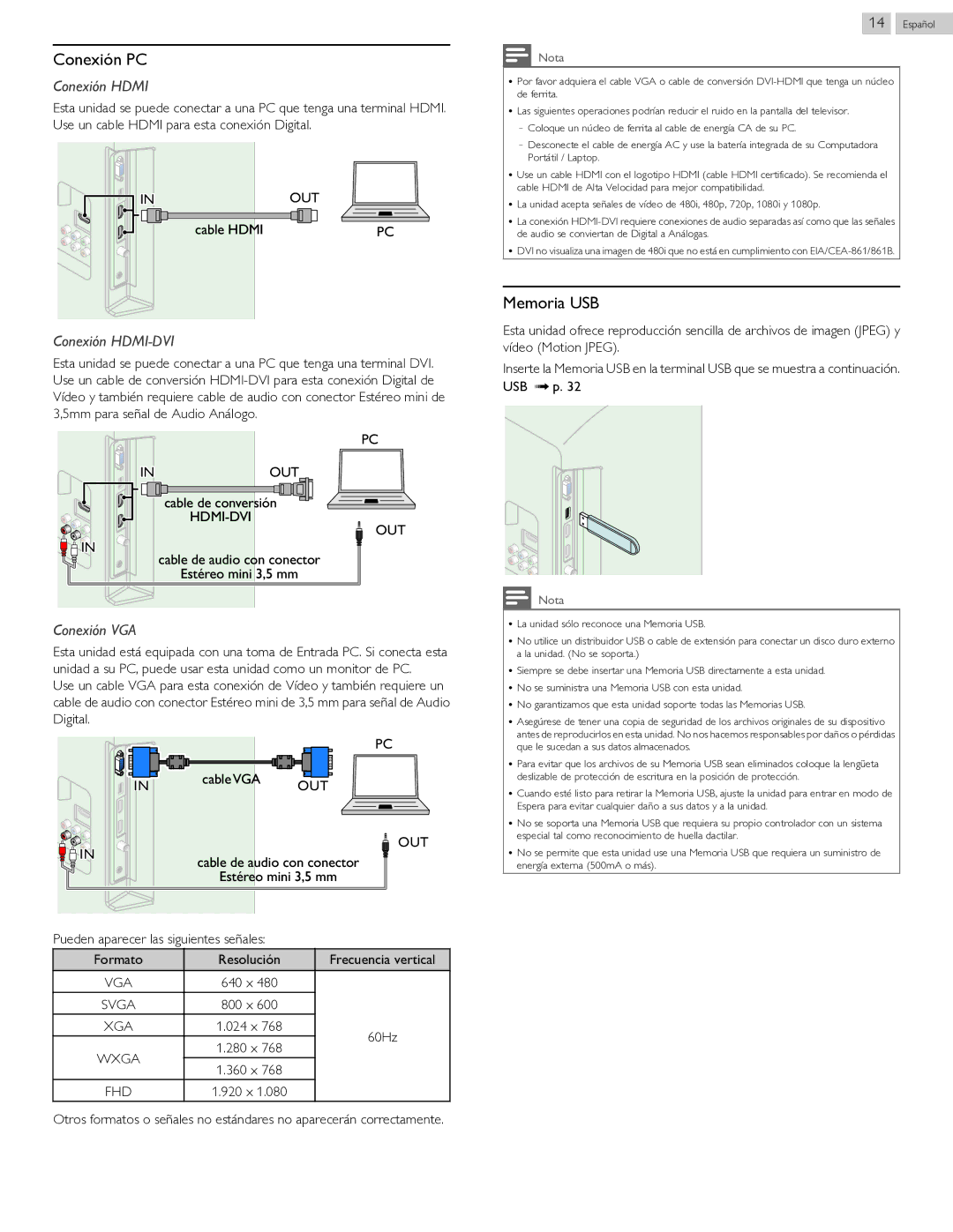 Philips 40PFL4709 user manual Conexión PC, Memoria USB, Vga, Xga, Wxga 