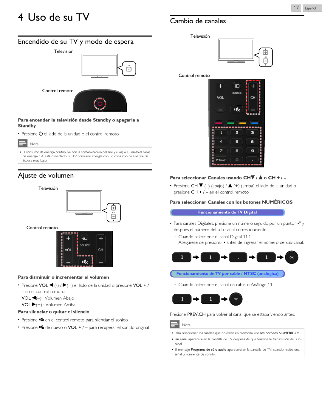 Philips 40PFL4709 user manual Uso de su TV, Encendido de su TV y modo de espera, Ajuste de volumen, Cambio de canales 