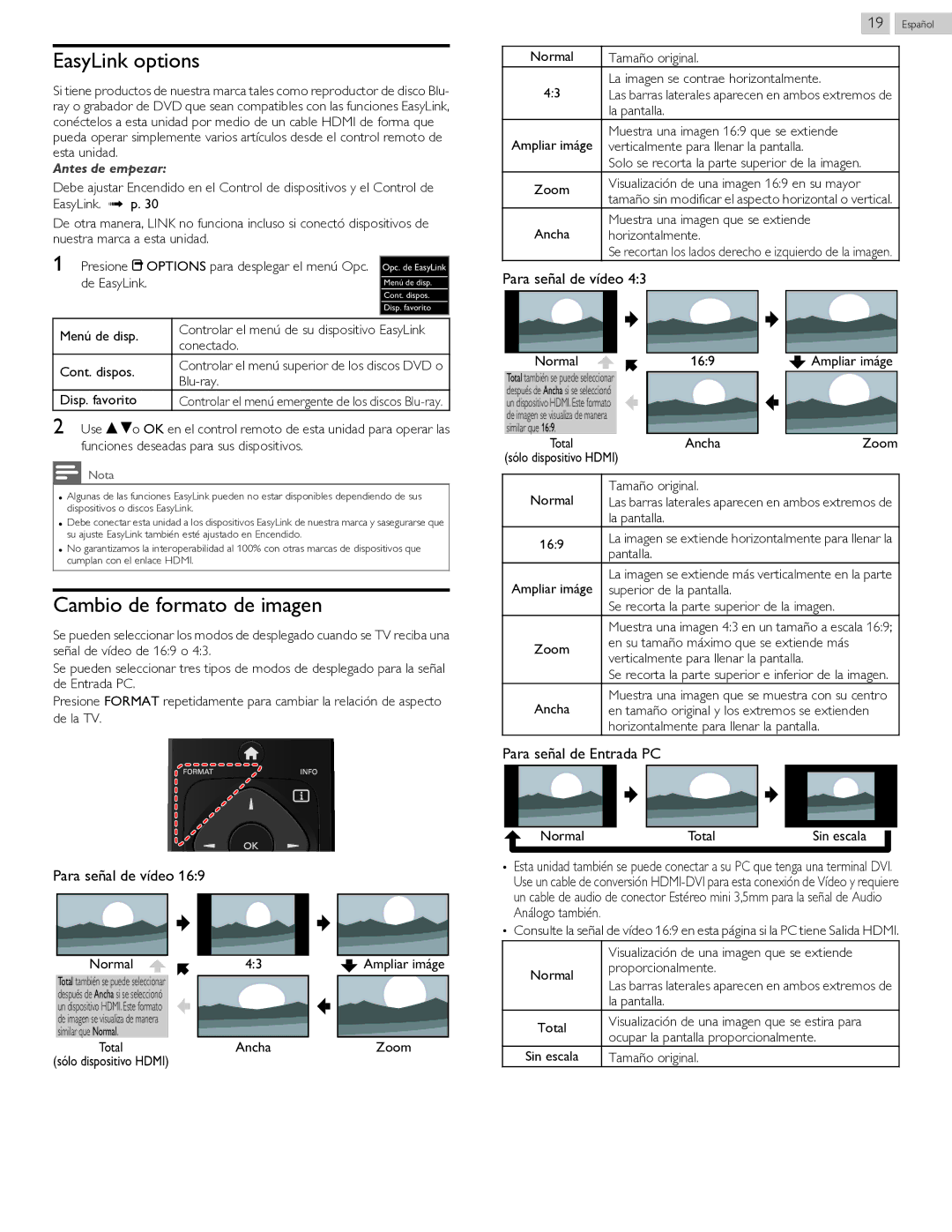 Philips 40PFL4709 user manual EasyLink options, Cambio de formato de imagen 