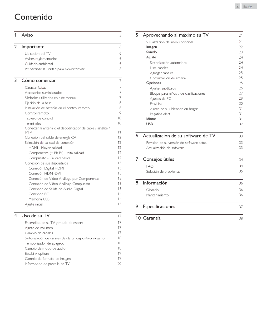 Philips 40PFL4709 user manual Contenido, Iptv, Usb, Faq 