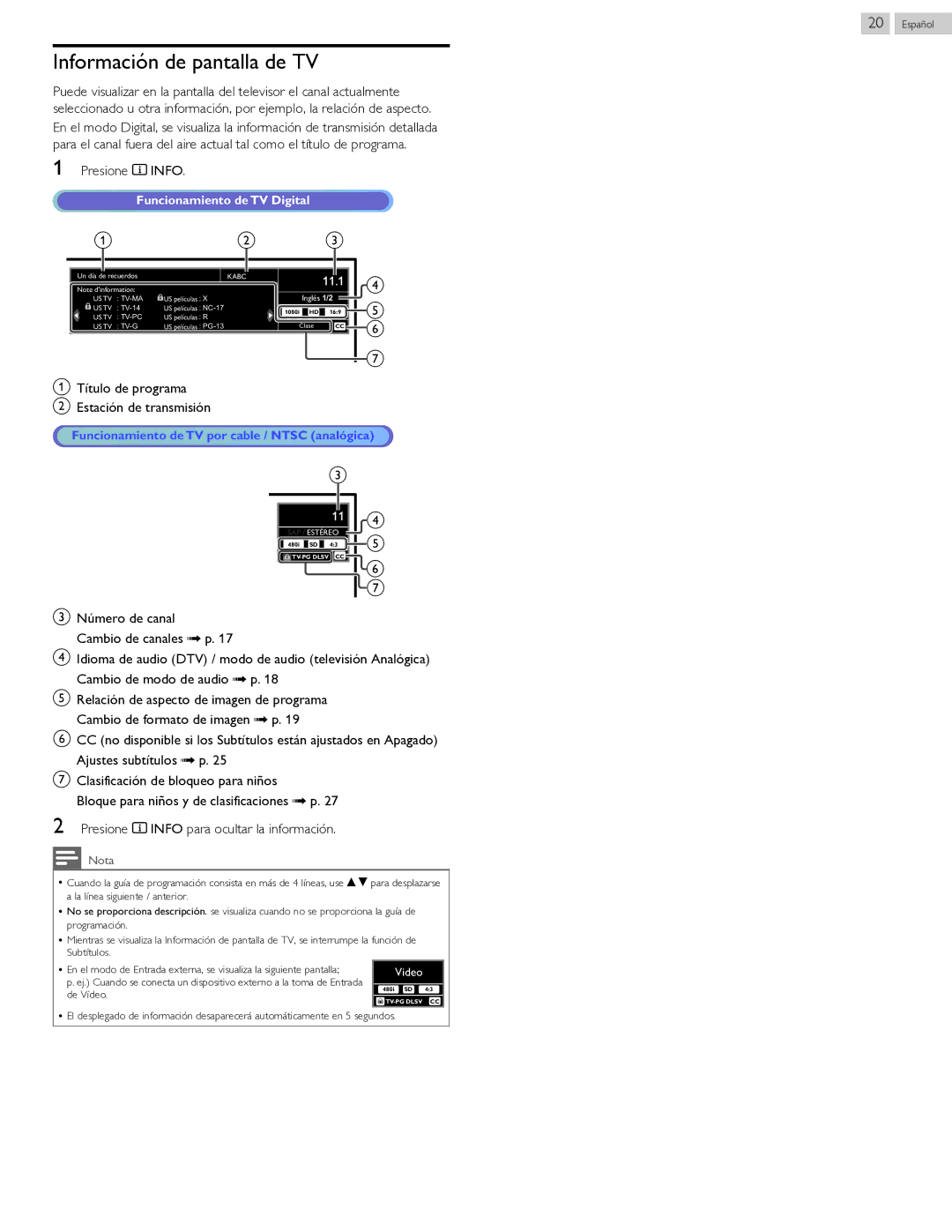 Philips 40PFL4709 user manual Información de pantalla de TV, Presione T Info, Título de programa Estación de transmisión 