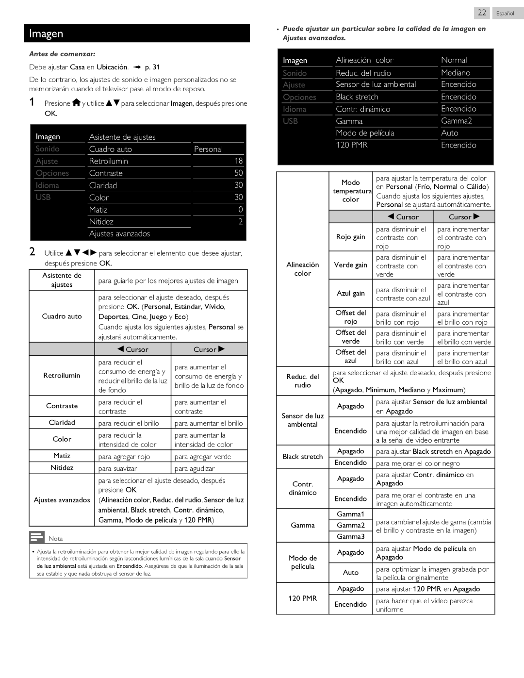 Philips 40PFL4709 user manual Imagen, Color Normal, Reduc. del rudio Mediano, Sensor de luz ambiental Encendido 