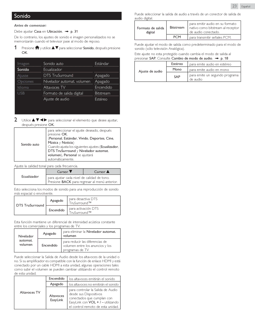 Philips 40PFL4709 user manual Sonido auto Estándar Ecualizador, DTS TruSurround Apagado, Nivelador automat. volumen Apagado 