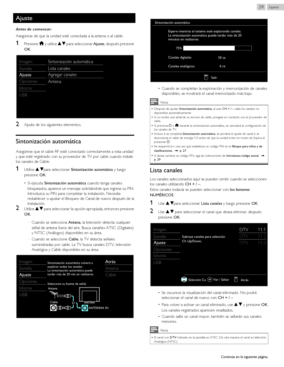 Philips 40PFL4709 user manual Sintonización automática, Lista canales 