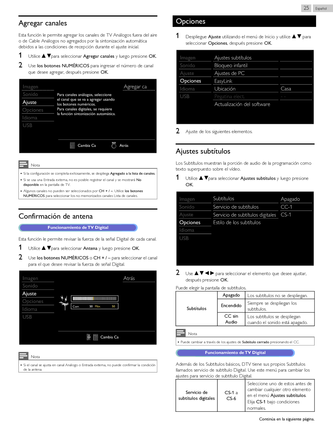 Philips 40PFL4709 user manual Agregar canales, Confirmación de antena, Ajustes subtítulos 