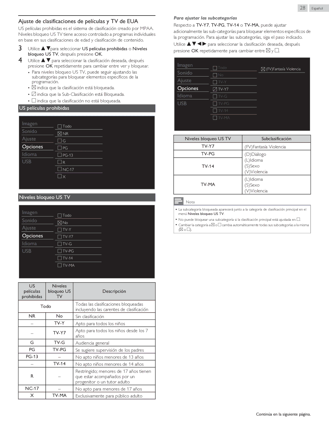 Philips 40PFL4709 user manual Ajuste de clasificaciones de películas y TV de EUA, Tv-Y, Tv-G, Tv-Ma 