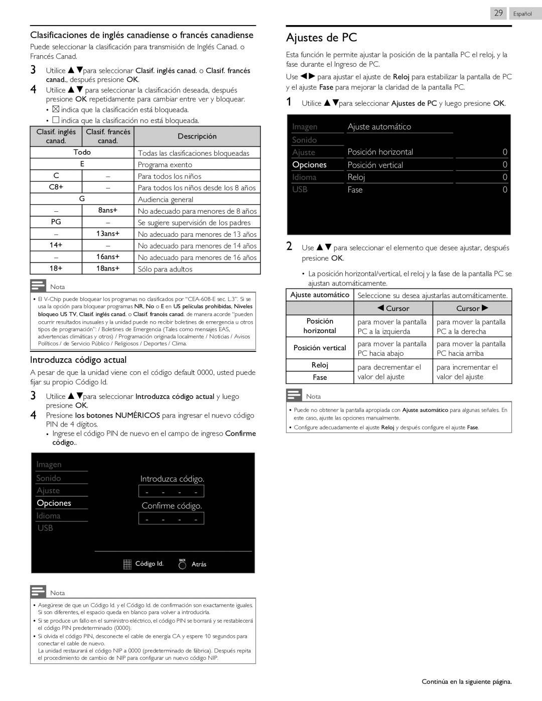 Philips 40PFL4709 Ajustes de PC, Clasificaciones de inglés canadiense o francés canadiense, Introduzca código actual 