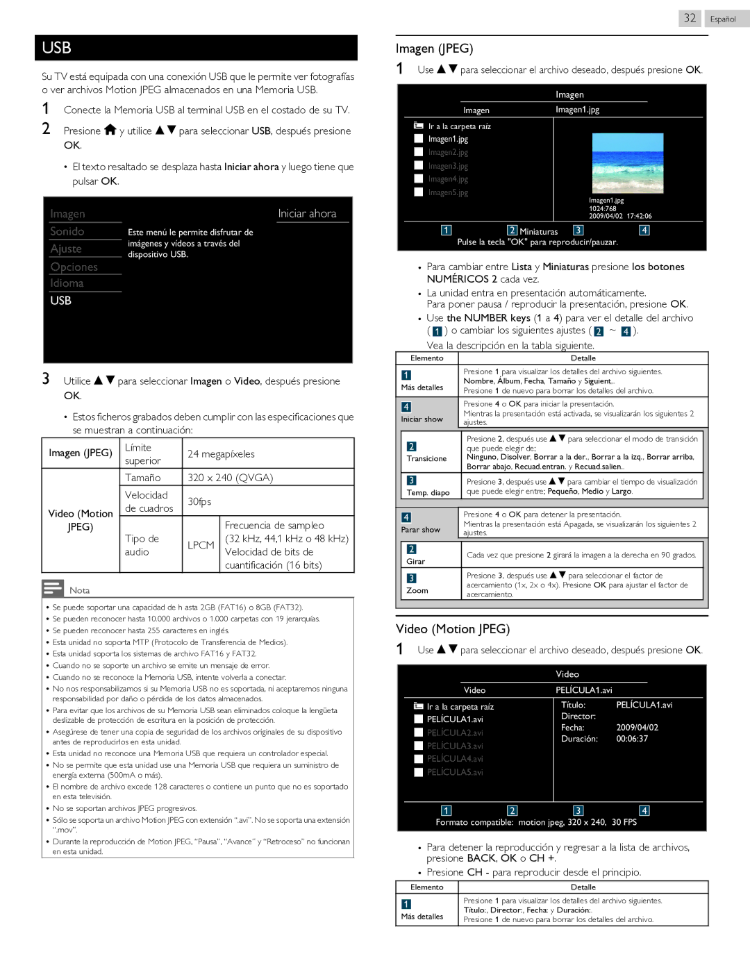 Philips 40PFL4709 user manual Imagen Jpeg, Video Motion Jpeg, Iniciar ahora, Lpcm 