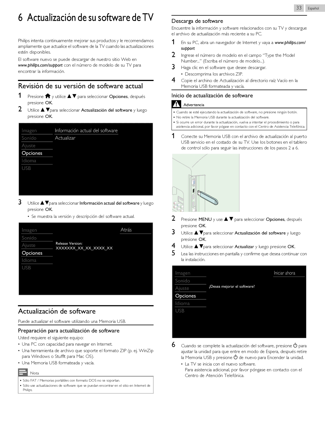 Philips 40PFL4709 user manual Revisión de su versión de software actual, Actualización de software, Descarga de software 