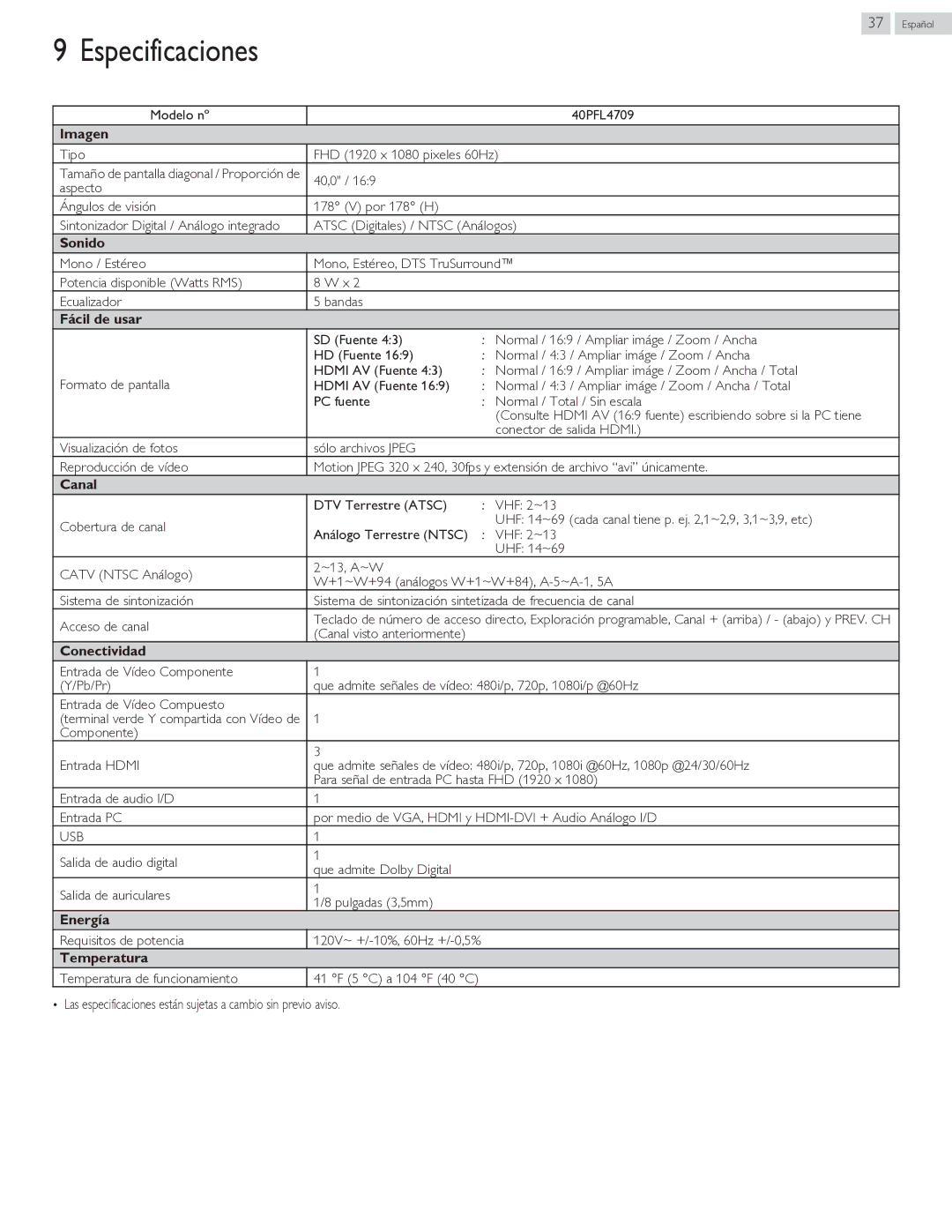 Philips 40PFL4709 user manual Especificaciones 