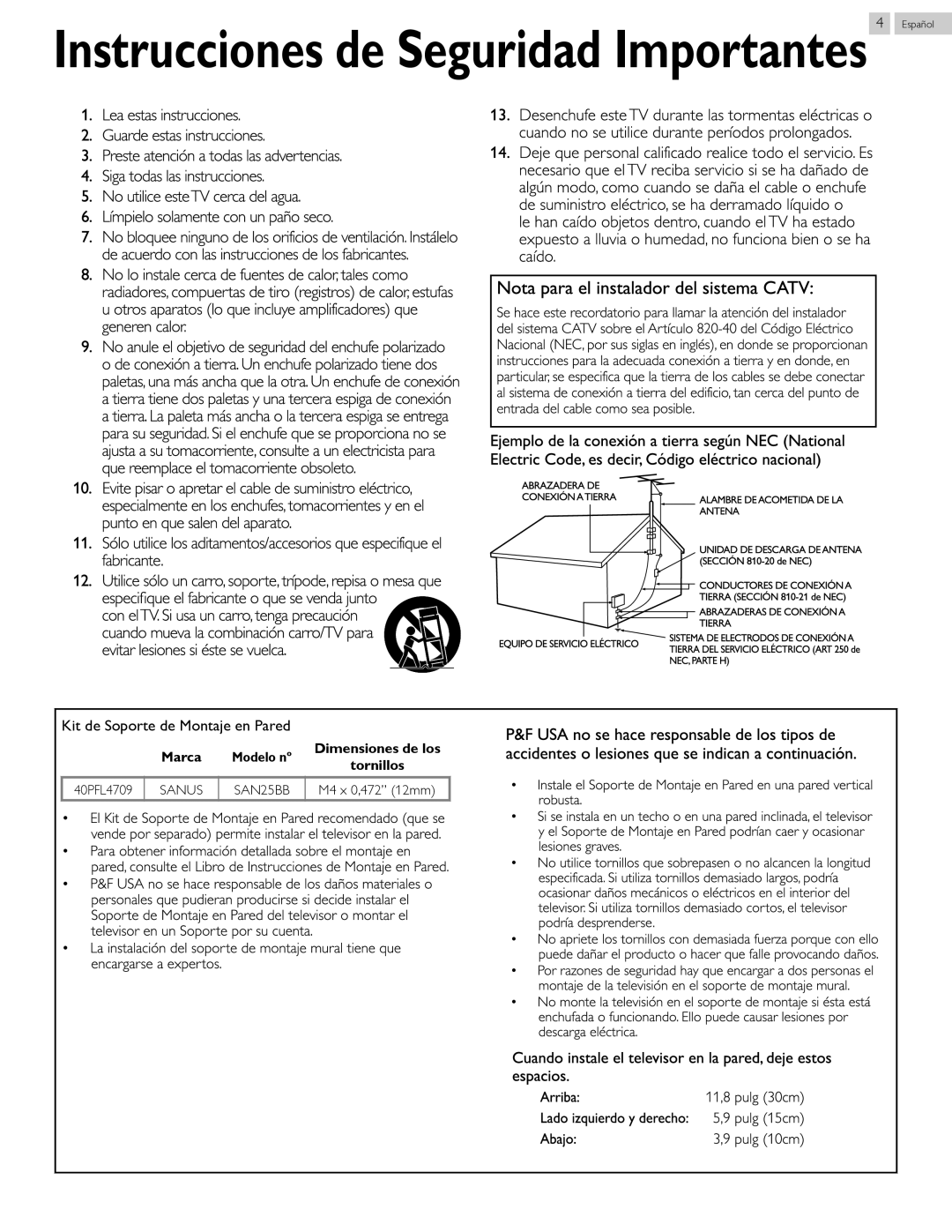 Philips 40PFL4709 user manual Sanus SAN25BB, M4 x 0,472 12mm 