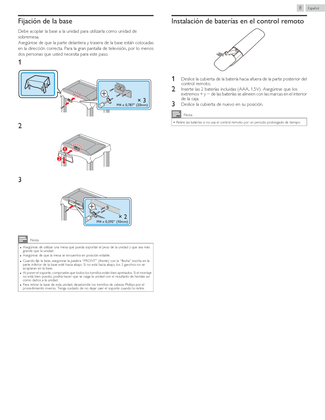 Philips 40PFL4709 user manual Fijación de la base, Instalación de baterías en el control remoto, De la caja 