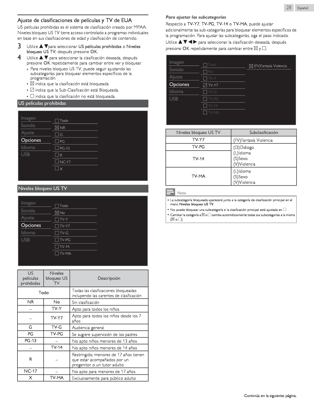 Philips 40PFL4709 user manual Ajuste de clasificaciones de películas y TV de EUA, Para ajustar las subcategorías 