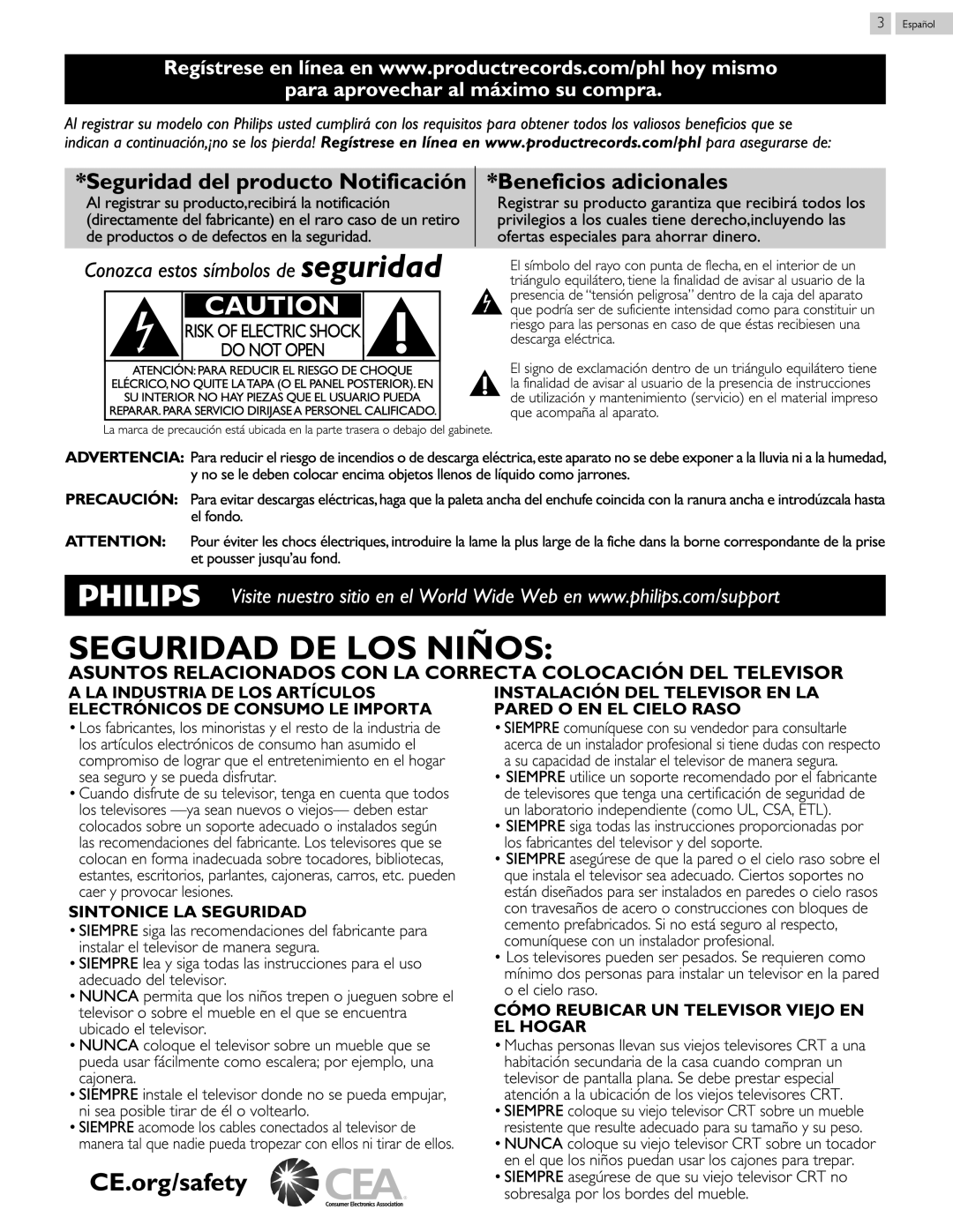 Philips 40PFL4709 Risk Of Electric Shock Do Not Open, CE.org/safety, producto Notificación, Seguridad de, la notificación 