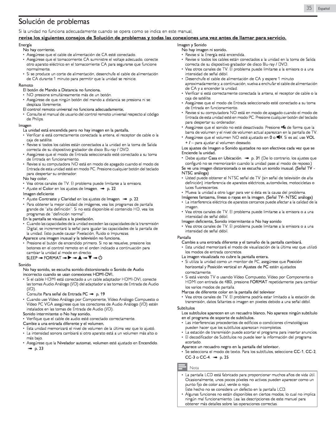 Philips 40PFL4709 user manual Solución de problemas, Nota 