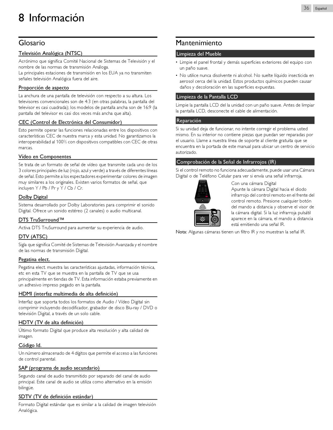 Philips 40PFL4709 user manual Información, Glosario, Mantenimiento 