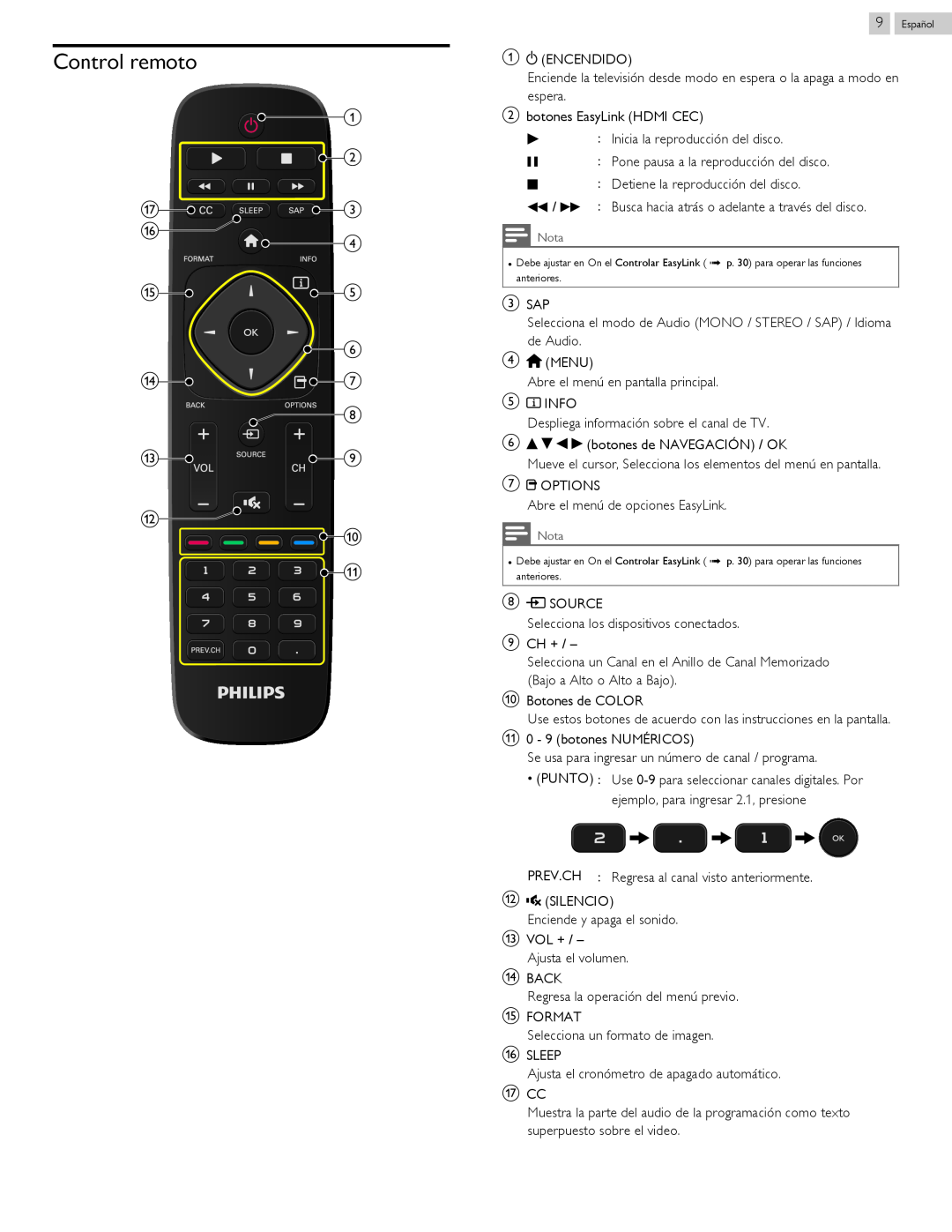Philips 40PFL4709 user manual Control remoto 