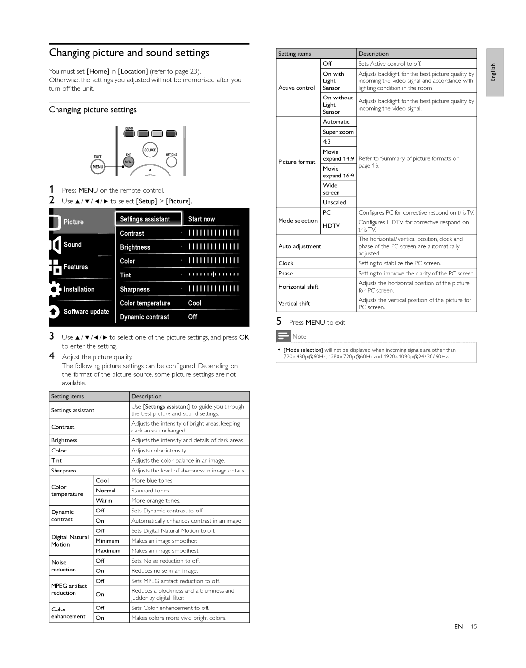 Philips 46PFL5505D, 40PFL5505D, 55PFL5505D user manual Changing picture and sound settings, Changing picture settings 