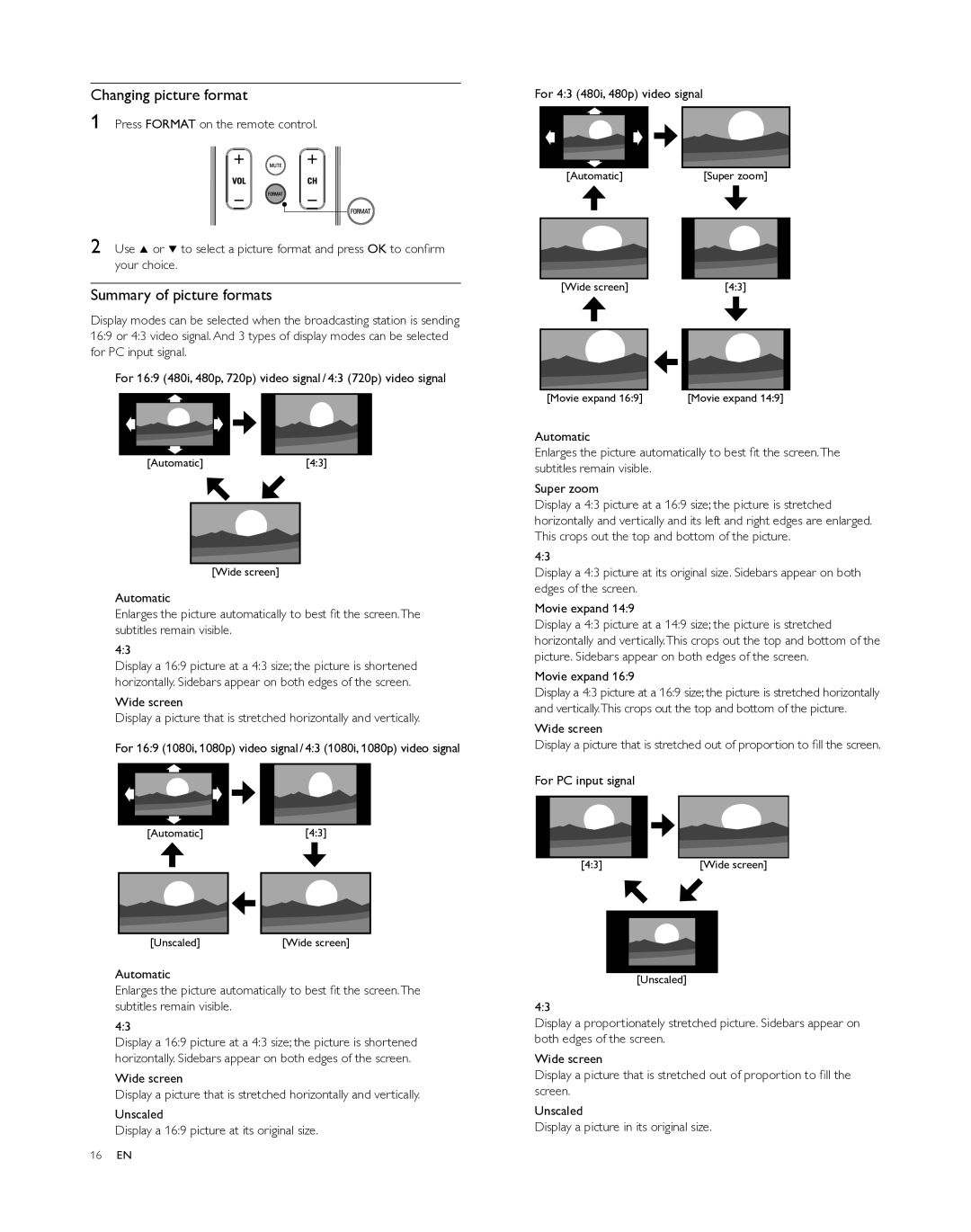 Philips 55PFL5505D, 40PFL5505D Changing picture format, Summary of picture formats, Wide screen, For PC input signal 