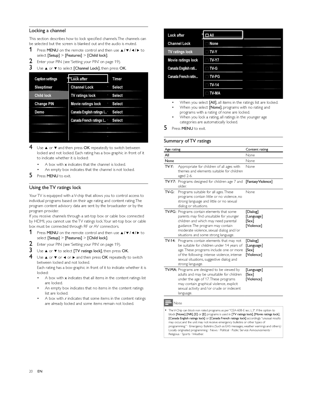 Philips 40PFL5505D, 46PFL5505D, 55PFL5505D user manual Locking a channel, Using the TV ratings lock, Summary of TV ratings 