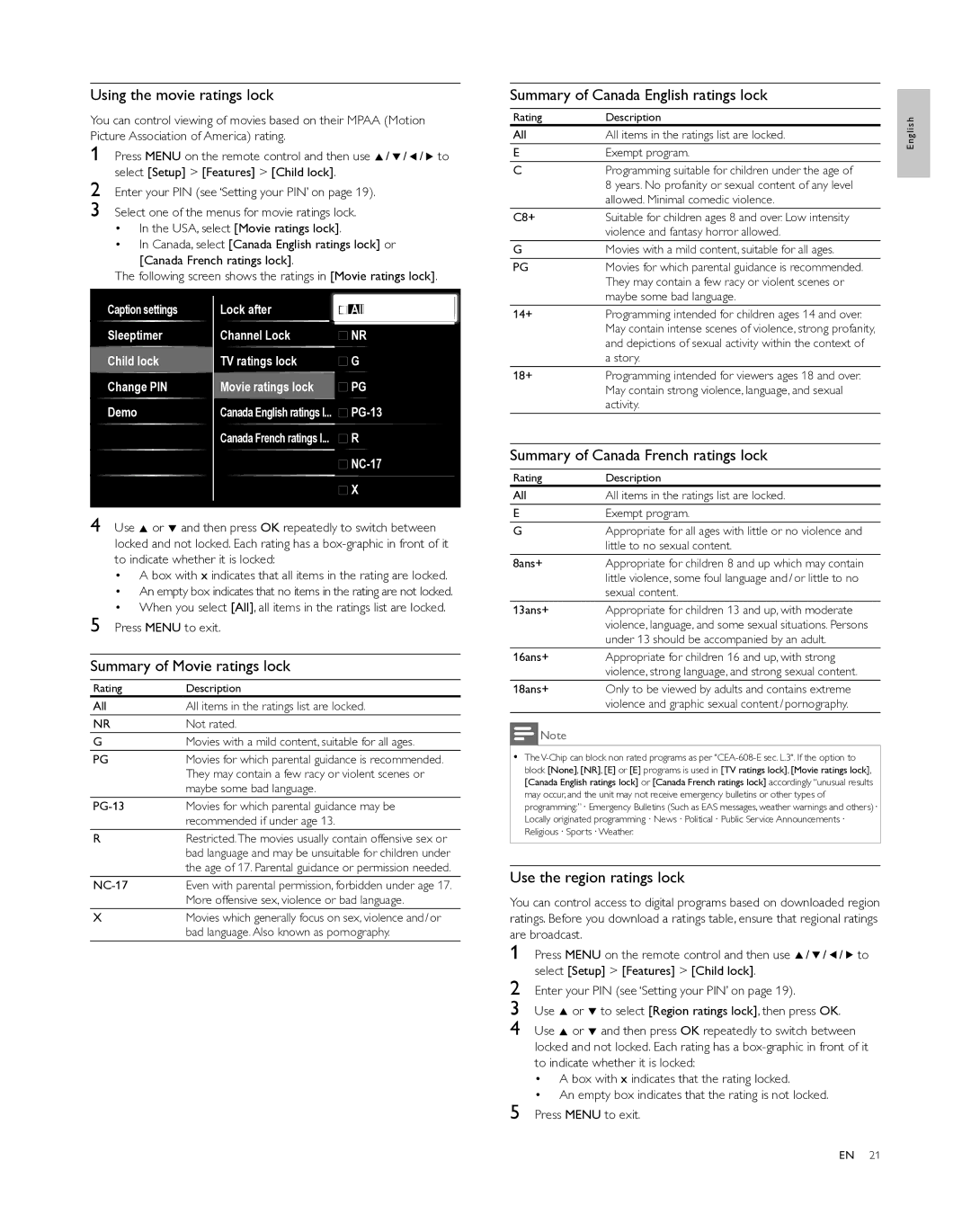 Philips 46PFL5505D Using the movie ratings lock, Summary of Canada English ratings lock, Summary of Movie ratings lock 