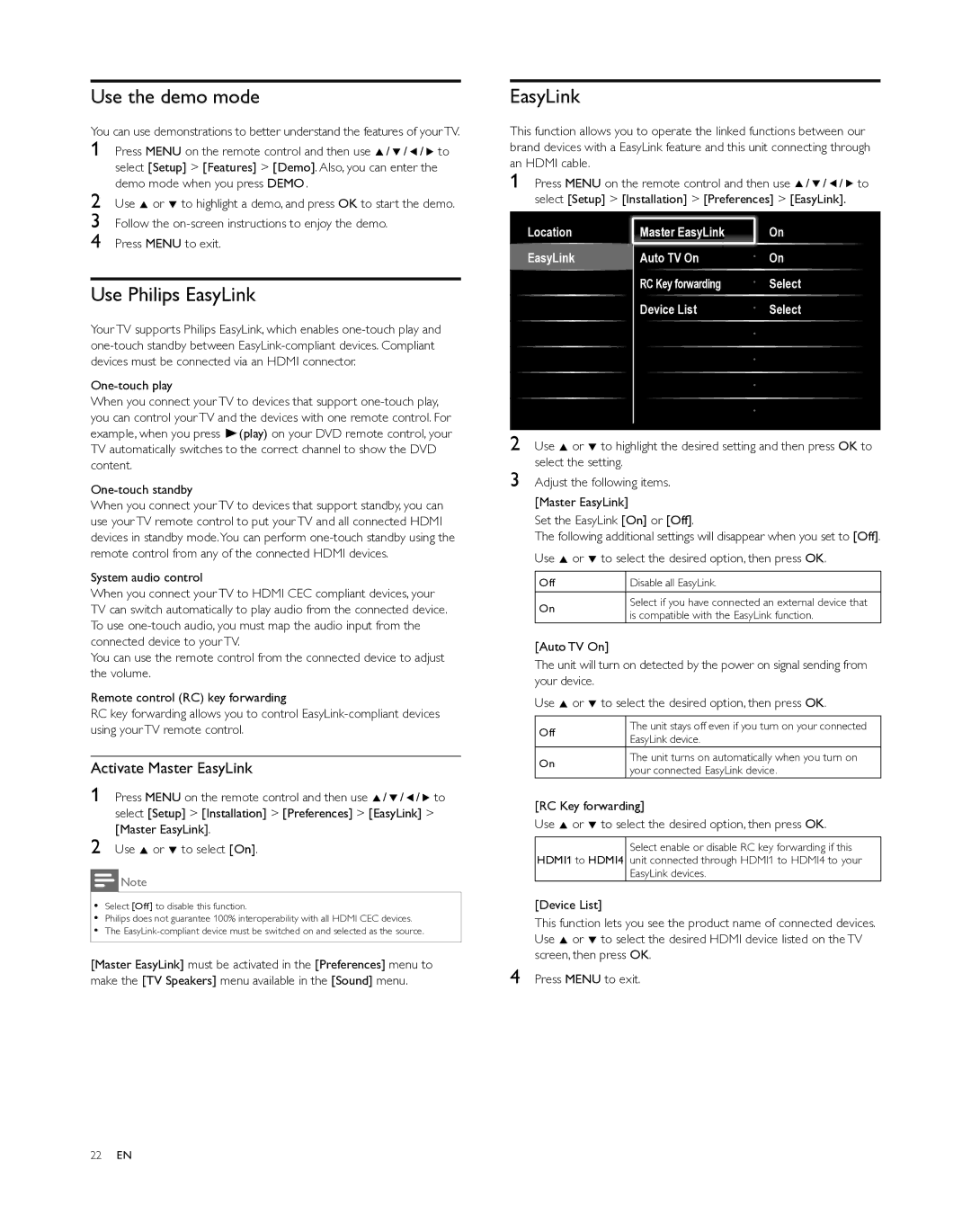 Philips 55PFL5505D, 40PFL5505D, 46PFL5505D user manual Use the demo mode, Use Philips EasyLink, Activate Master EasyLink 