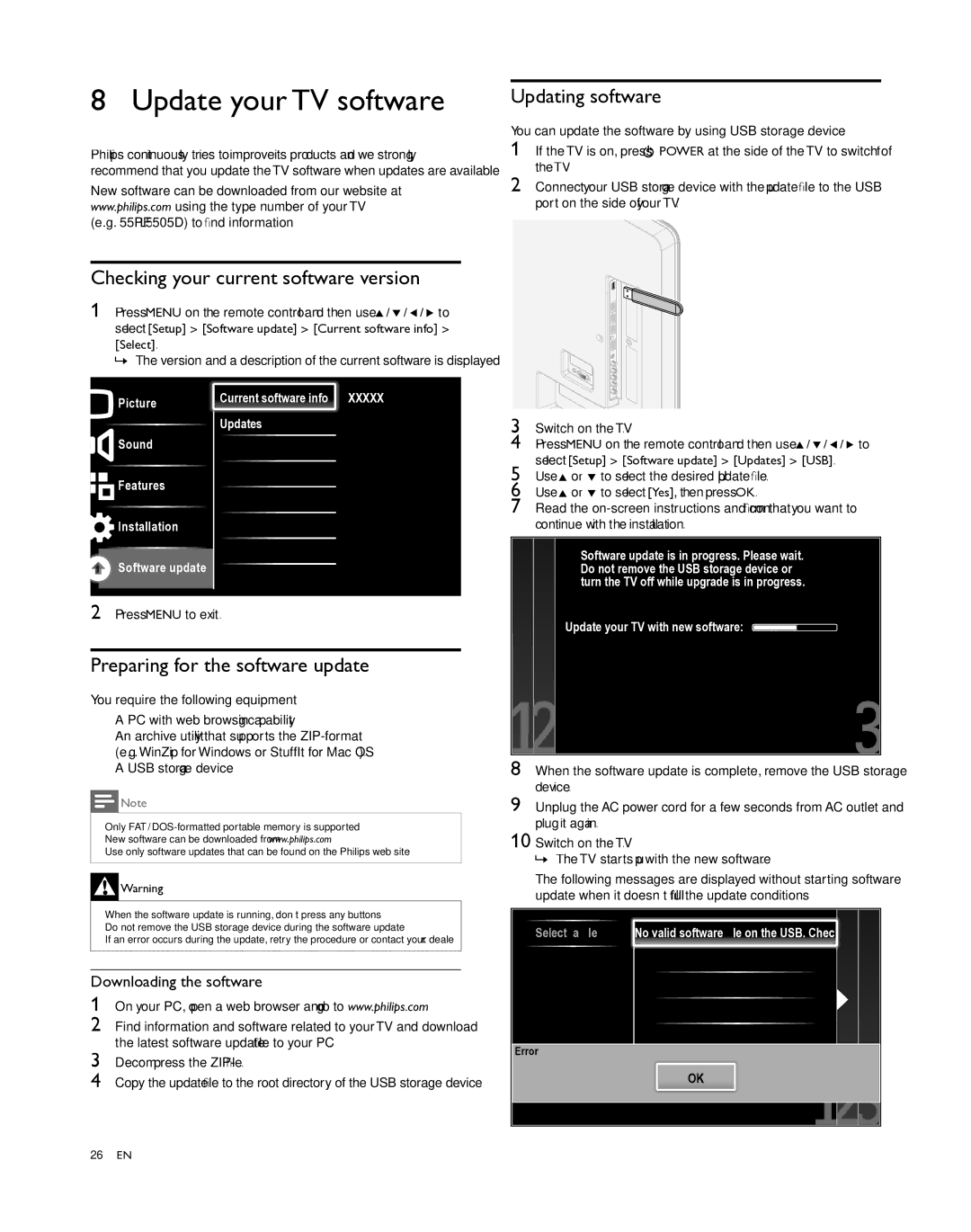 Philips 40PFL5505D Update your TV software, Checking your current software version, Preparing for the software update 