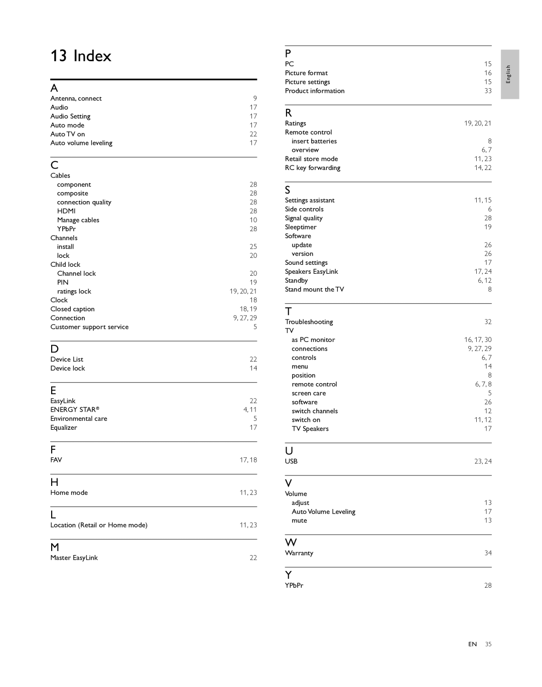 Philips 40PFL5505D, 46PFL5505D, 55PFL5505D user manual Index, Pin, Energy Star, Fav 