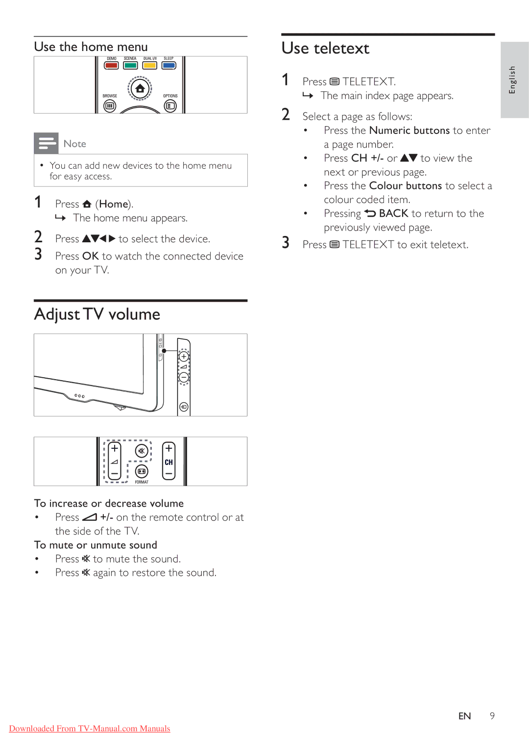 Philips 32PFL5605S/98, 40PFL5605S/98, 46PFL5605/98, 46PFL5605S/98 Use teletext, Adjust TV volume, Use the home menu 