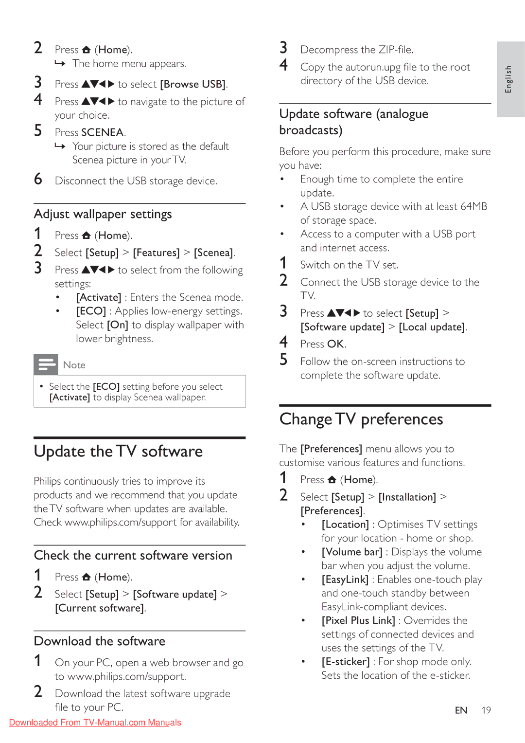 Philips 32PFL5605S/98, 40PFL5605S/98, 46PFL5605/98, 46PFL5605S/98 user manual Update the TV software, Change TV preferences 