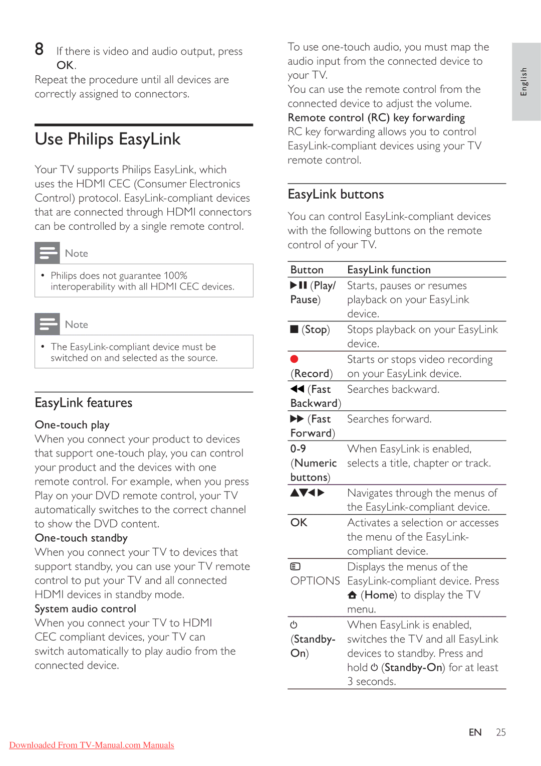 Philips 46PFL5605/98, 40PFL5605S/98, 32PFL5605S/98, 46PFL5605S/98 Use Philips EasyLink, EasyLink features, EasyLink buttons 